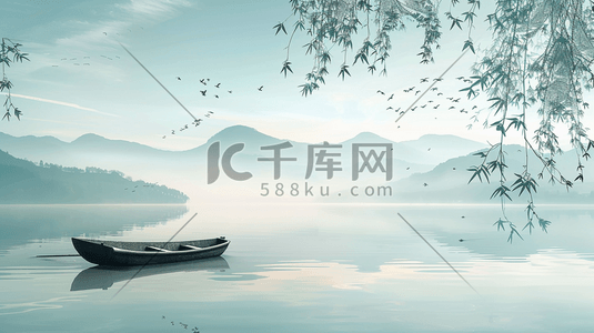 中式序号插画图片_中式国风山景山河河面小船的插画