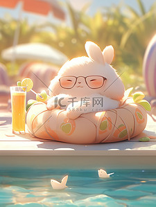 夏天泳池可爱小兔子插画图片