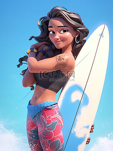 冲浪板图标插画图片_夏天拿着冲浪板的女孩插画