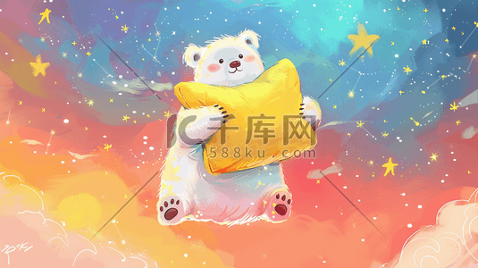 中国风纹理抱枕插画图片_梦幻朦胧星光小熊抱枕的插画