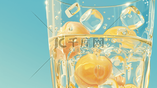 冰晶和冰块比插画图片_蓝色场景玻璃杯冰块柠檬的插画
