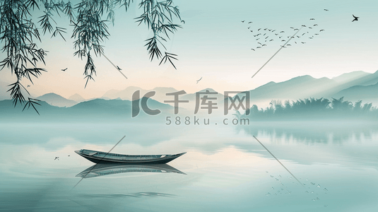 中式国风山景山河河面小船的插画