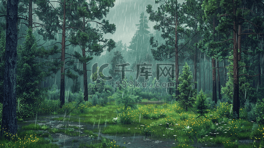 雨中的插画图片_夏季雨中的森林草地插画