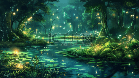 夜晚梦幻森林里星光闪耀河水荷叶的插画