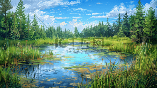 流动的河水插画图片_唯美户外蓝天白云下树木河水池塘的插画
