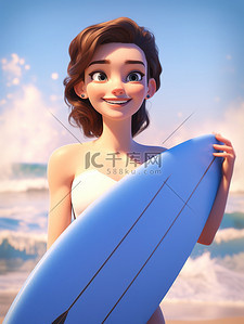 冲浪板模型插画图片_夏天拿着冲浪板的女孩素材