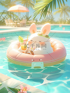 夏天泳池可爱小兔子插画图片