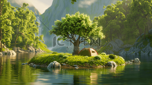 户外风景树木河水景色的插画