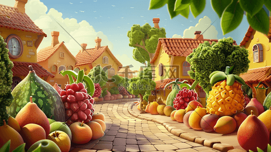 彩色梦幻童话王国水果屋子的插画