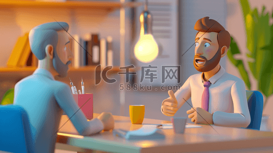 会议议程卡插画图片_3D职场会议中讨论问题的商务人员插画
