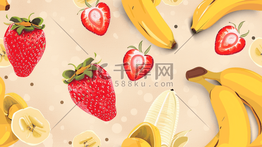烫金香蕉插画图片_平面平铺水果草莓香蕉的插画