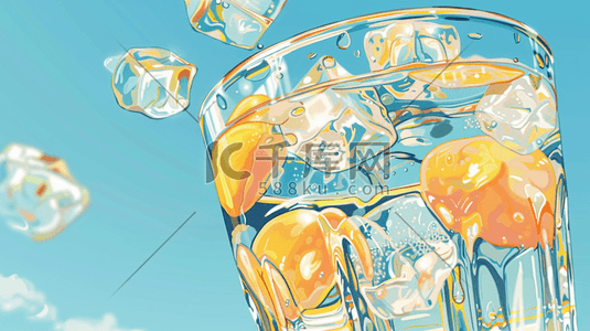 场景插画图片_蓝色场景玻璃杯冰块柠檬的插画