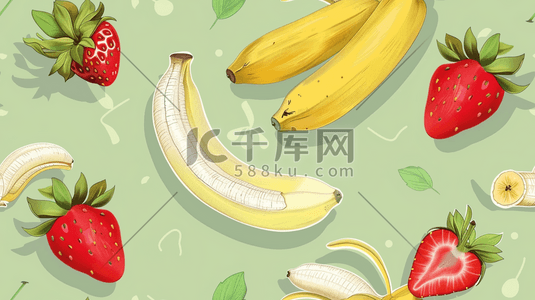 剥香蕉步骤插画图片_平面平铺水果草莓香蕉的插画