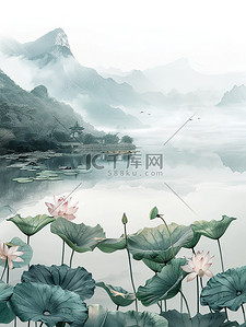 简约中插画图片_荷花禅宗简约中国风插画