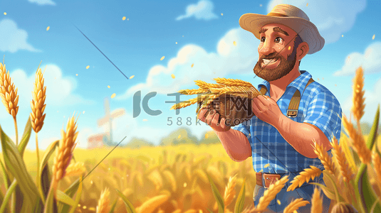 农民种地插画图片_丰收拿着麦穗的农民插画6