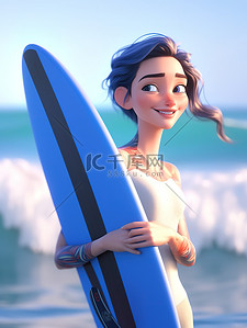 冲浪板模型插画图片_夏天拿着冲浪板的女孩矢量插画