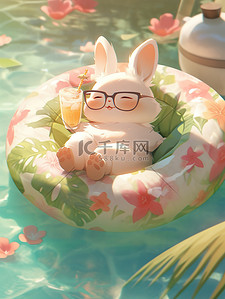 夏天泳池可爱小兔子插画
