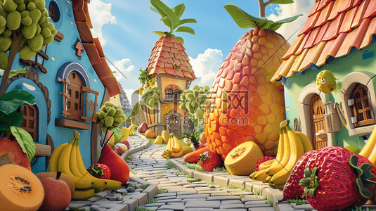 新鲜水果切插画图片_彩色梦幻童话王国水果屋子的插画
