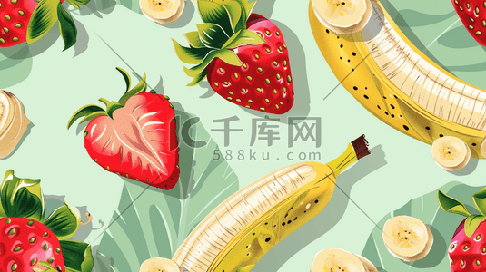 手绘风平涂儿插插画图片_平面平铺水果草莓香蕉的插画