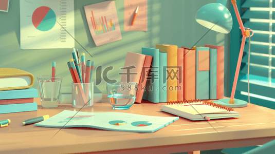 图纸查看插画图片_书房木桌上的书本和图纸插画