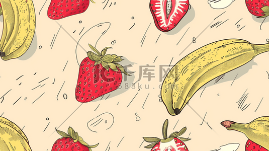 草莓插画图片_平面平铺水果草莓香蕉的插画