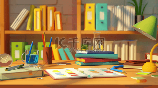 图纸用的工具插画图片_书房木桌上的书本和图纸插画