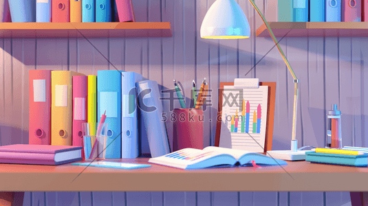 鸿雁照明插画图片_书房木桌上的书本和图纸插画
