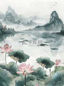 中国风荷花简约插画图片_荷花禅宗简约中国风插画