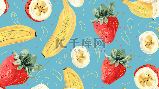 好吃的香蕉插画图片_平面平铺水果草莓香蕉的插画