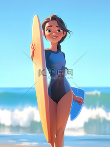 农村日板板插画图片_夏天拿着冲浪板的女孩素材