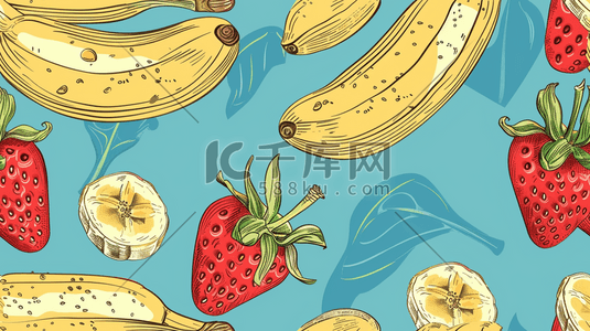 烫金香蕉插画图片_平面平铺水果草莓香蕉的插画