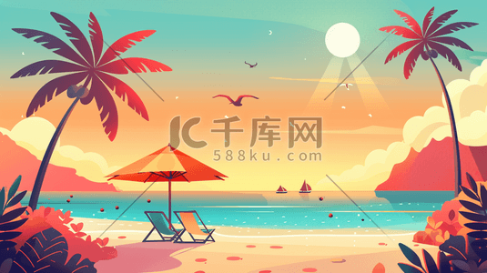 彩色太阳插画图片_彩色绘画海边海水沙滩躺椅树木的插画