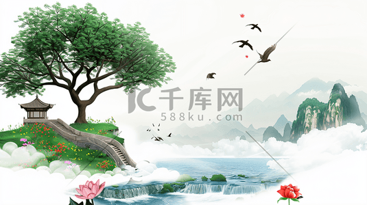 古风插画图片_古风山川河流插画