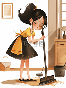 做家务插画图片_打扫房间的小女孩插画4