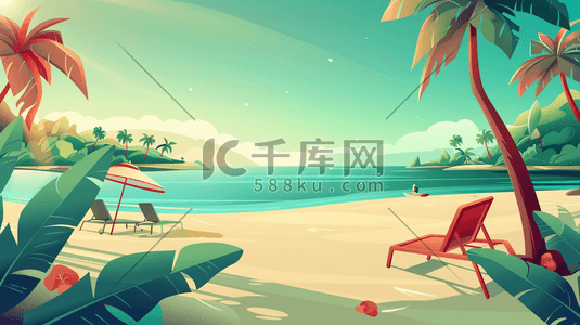 海边太阳插画图片_彩色绘画海边海水沙滩躺椅树木的插画