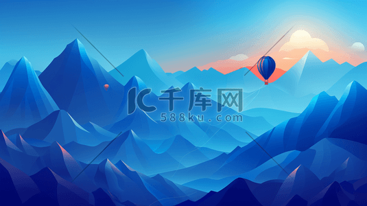 蓝色太阳插画图片_蓝色山景风景风光上空热气球的插画