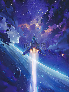 星光灿烂的天空宇宙飞船插画素材