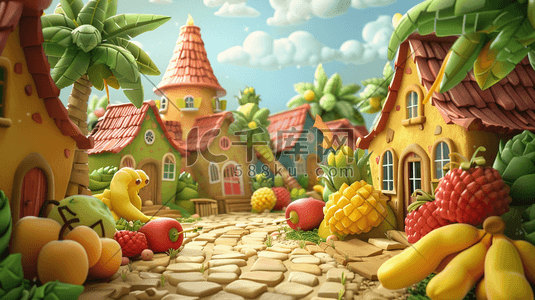 彩色梦幻童话王国水果屋子的插画