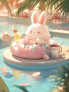 泳池小插画图片_夏天泳池可爱小兔子图片
