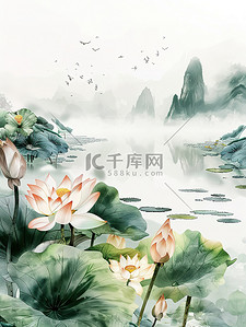 中国风荷花简约插画图片_荷花禅宗简约中国风插画