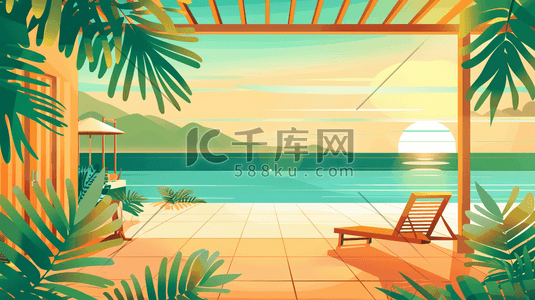 海边太阳插画图片_彩色绘画海边海水沙滩躺椅树木的插画