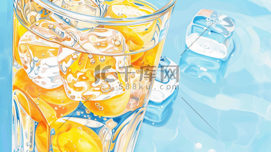 简约柠檬插画图片_蓝色场景玻璃杯冰块柠檬的插画