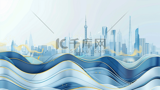 江江插画图片_剪纸风江波和河对面的城市建筑插画
