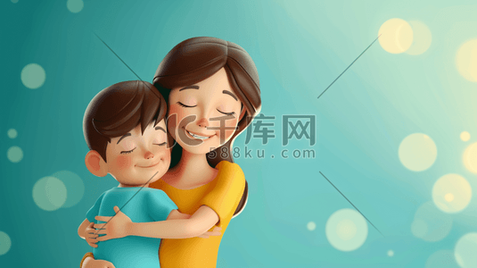 家人幸福插画图片_3D妈妈和孩子幸福合照插画