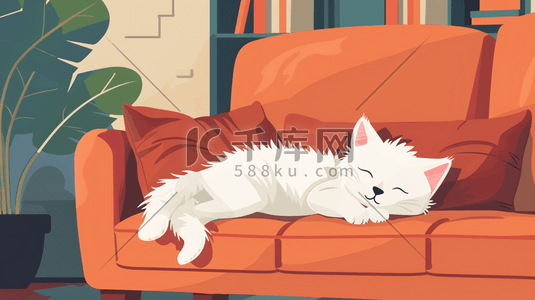 躺在沙发上的睡觉的白猫插画
