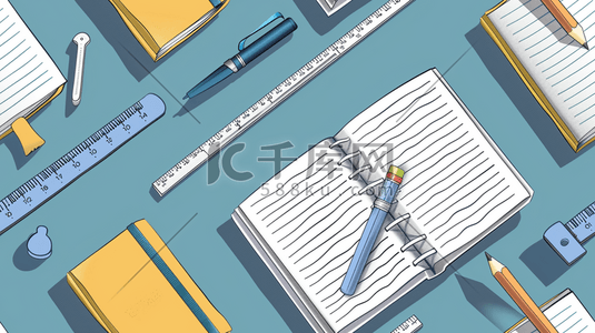 学习插画图片_摆放整齐的笔记本与铅笔插画