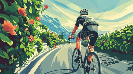 领袖训练营插画图片_海边公路上骑自行车的运动员插画