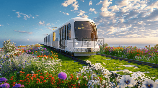 铁轨插画图片_鲜花草地上的铁轨上行驶的列车插画