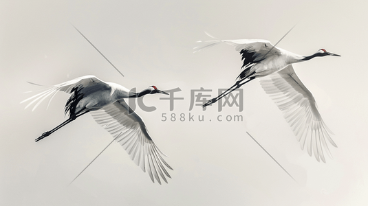 飞行白鹤插画图片_两只翱翔的白鹤插画