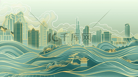 剪纸风建筑插画图片_剪纸风江波和河对面的城市建筑插画